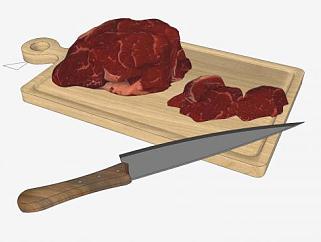 切猪肉的切菜板和刀SU模型下载_sketchup草图大师SKP模型