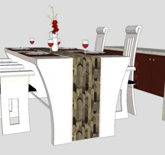 欧简餐桌椅和大理石边桌柜SU模型下载_sketchup草图大师SKP模型