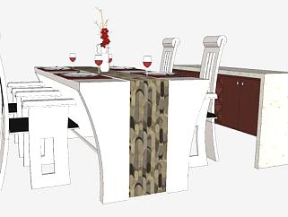 欧简餐桌椅和大理石边桌柜SU模型下载_sketchup草图大师SKP模型