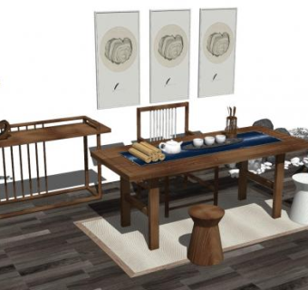 中式茶几茶具和竹子盆栽SU模型下载_sketchup草图大师SKP模型