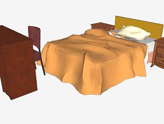 木制单人床床铺和书桌SU模型下载_sketchup草图大师SKP模型