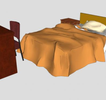 木制单人床床铺和书桌SU模型下载_sketchup草图大师SKP模型