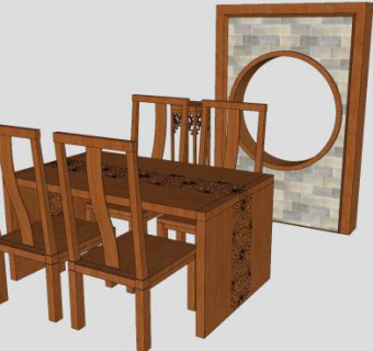 纯中式餐桌椅家具和植物花盆架SU模型下载_sketchup草图大师SKP模型