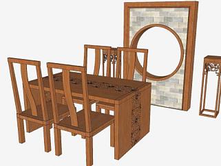 纯中式餐桌椅家具和植物花盆架SU模型下载_sketchup草图大师SKP模型
