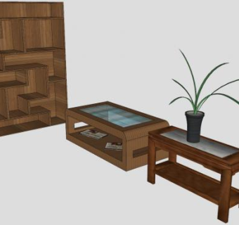 木质茶几边桌和酒柜SU模型下载_sketchup草图大师SKP模型