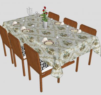 包含餐桌布的餐桌椅家具SU模型下载_sketchup草图大师SKP模型