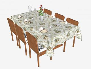 包含餐桌布的餐桌椅家具SU模型下载_sketchup草图大师...