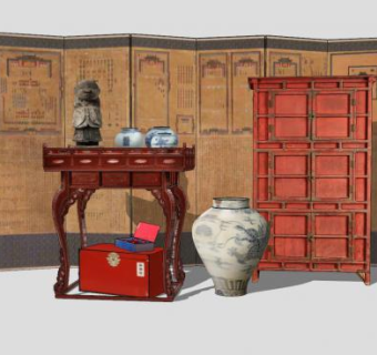中式屏风供桌小物件SU模型下载_sketchup草图大师SKP模型
