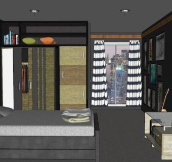 室内卧室房间布置SU模型下载_sketchup草图大师SKP模型