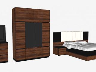 中式木质双人床衣柜家具SU模型下载_sketchup草图大师SKP模型