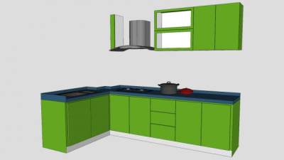 绿色厨房橱柜和吸油烟机SU模型下载_sketchup草图大师SKP模型