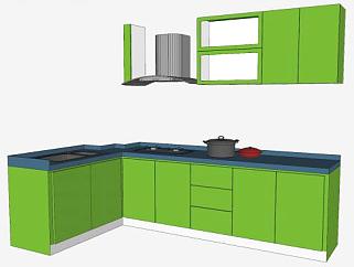 绿色厨房橱柜和吸油烟机SU模型下载_sketchup草图大师SKP模型