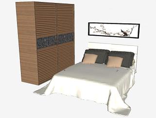 现代衣柜双人床和挂画SU模型下载_sketchup草图大师SKP模型