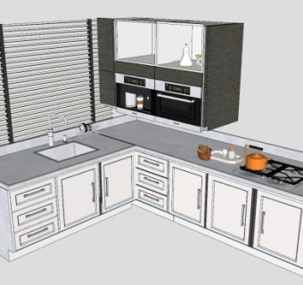 欧式L型厨房橱柜SU模型下载_sketchup草图大师SKP模型