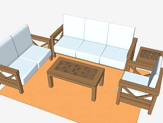 中式木沙发茶几家具SU模型下载_sketchup草图大师SKP模型