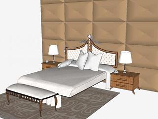 双人床床铺和软包墙SU模型下载_sketchup草图大师SKP模型