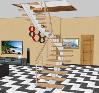 客厅木制室内旋转楼梯SU模型下载_sketchup草图大师SKP模型