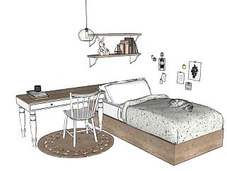 儿童卧室单人床书桌家具SU模型下载_sketchup草图大师SKP模型