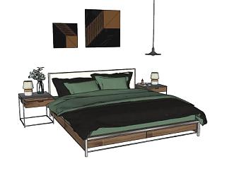 木质双人床床铺家具吊灯SU模型下载_sketchup草图大师SKP模型