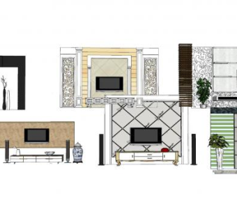 中式电视柜背景墙系列SU模型下载_sketchup草图大师SKP模型