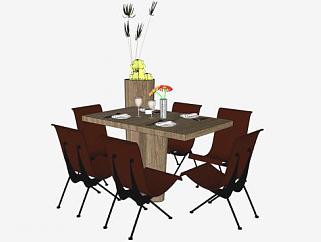 现代餐桌椅和木制盆景SU模型下载_sketchup草图大师SKP模型