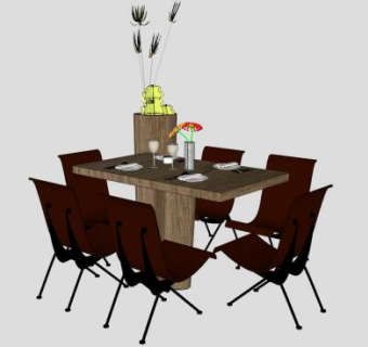 现代餐桌椅和木制盆景SU模型下载_sketchup草图大师SKP模型