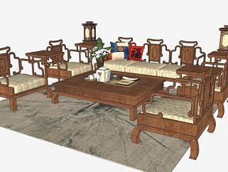 新中式沙发茶几桌灯边桌SU模型下载_sketchup草图大师SKP模型