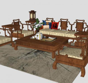 新中式沙发茶几桌灯边桌SU模型下载_sketchup草图大师SKP模型