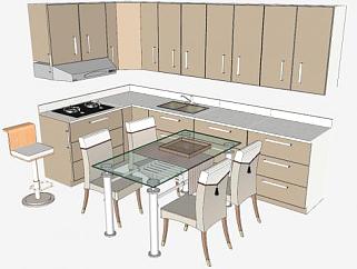 现代厨房橱柜和餐桌椅SU模型下载_sketchup草图大师SKP模型