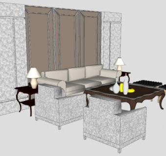 沙发背景墙和欧式茶几家具SU模型下载_sketchup草图大师SKP模型