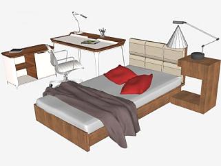 木制单人床和书桌边桌SU模型下载_sketchup草图大师SKP模型