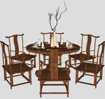 实木圆桌扶手椅家具SU模型下载_sketchup草图大师SKP模型