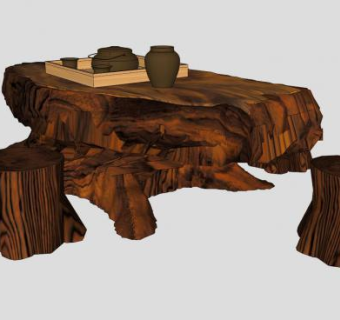 中式实木茶桌茶具SU模型下载_sketchup草图大师SKP模型