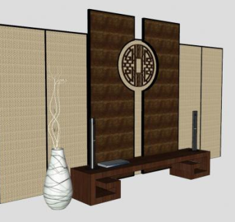 中式电视背景墙电视柜SU模型下载_sketchup草图大师SKP模型