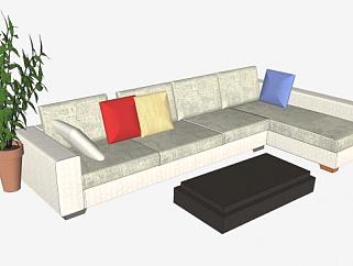 现代L型沙发茶几和室内盆景SU模型下载_sketchup草图大师SKP模型