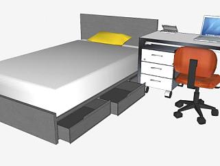 单人床床铺和电脑桌SU模型下载_sketchup草图大师SKP模型