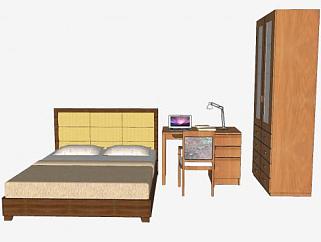 房间卧室家具床铺衣柜书桌SU模型下载_sketchup草图...