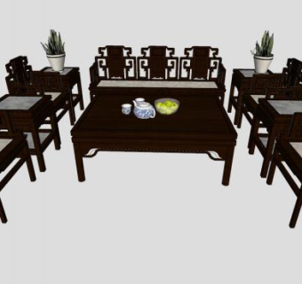新中式沙发茶几家具组合SU模型下载_sketchup草图大师SKP模型