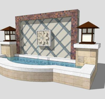 中式水池景墙SU模型下载_sketchup草图大师SKP模型