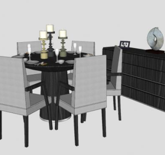 木质圆形餐桌椅和边桌柜SU模型下载_sketchup草图大师SKP模型