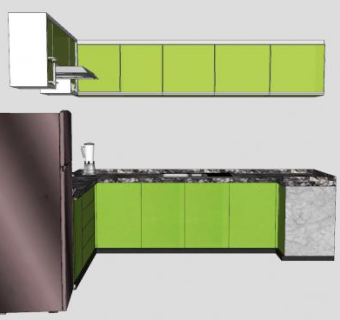 绿色厨房橱柜和电冰箱SU模型下载_sketchup草图大师SKP模型
