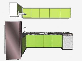 绿色厨房橱柜和电冰箱SU模型下载_sketchup草图大师SKP模型