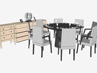 餐桌椅餐具和边桌柜子SU模型下载_sketchup草图大师SKP模型