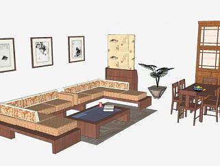 新中式客厅餐厅家具sketchup模型下载_sketchup草图大师SKP模型