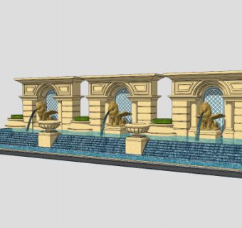 欧式户外水池景墙SU模型下载_sketchup草图大师SKP模型