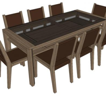 8人座位木制玻璃餐桌椅SU模型下载_sketchup草图大师SKP模型