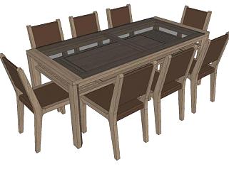 8人座位木制玻璃餐桌椅SU模型下载_sketchup草图大师SKP模型