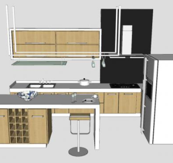 现代厨房橱柜吧台椅双开门冰箱SU模型下载_sketchup草图大师SKP模型