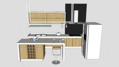 现代厨房橱柜吧台椅双开门冰箱SU模型下载_sketchup草图大师SKP模型