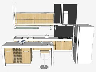 现代厨房橱柜吧台椅双开门冰箱SU模型下载_sketchup草图大师SKP模型